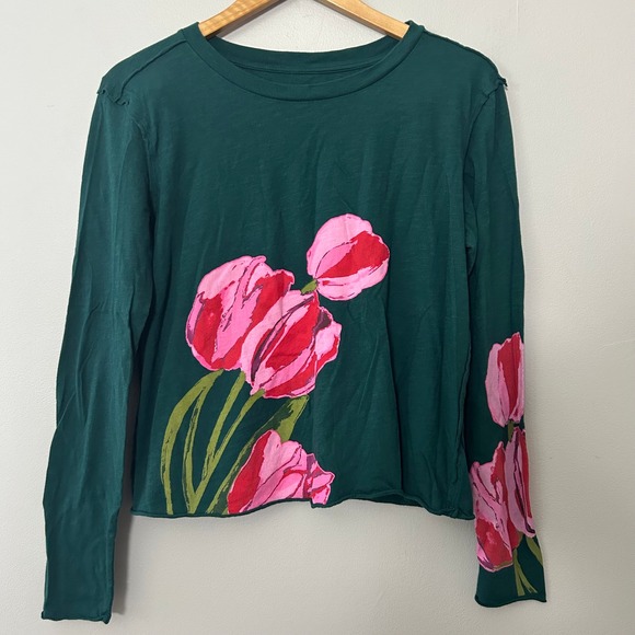 Maeve Tops - Maeve Caitlin Boxy Tee Women Medium Green Pink Floral Tulip Long Sleeve Raw Hem